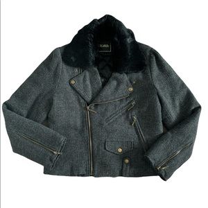 LaPense charcoal grey wool herringbone bike jacket/winter coat with fur collar